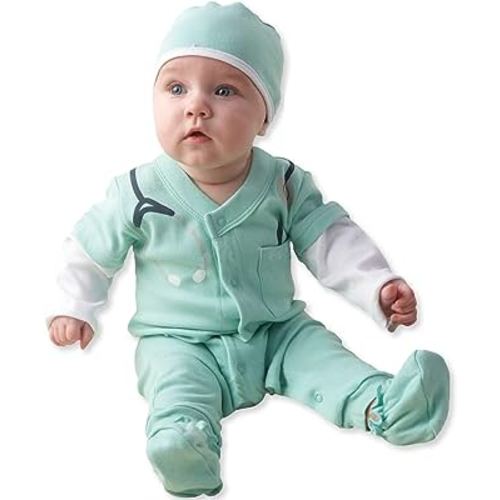 Newborn Doctor Costume Gift Set for Boys – Baby Shower Gifts & Newborn Clothes Outfit – Infant Onesie, Scrubs & Baby MD Doctor Coat – 0-3 Month Sleepers Layette for Halloween or Hospital Outfit