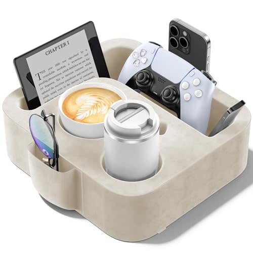 Couch Cup Holder Pillow, Sofa and Bed Organizer Caddy for iPad, Kindle, Switch, Game Controller, Remotes, Phones, Small-Sized Cup & Drink Holder for Couch, Bed, Desk, Car, Beach, Desk, Khaki