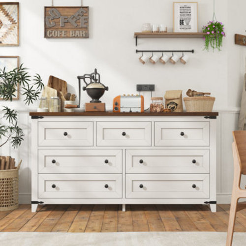 Gracie Oaks Wood Dresser For Bedroom With 7 Drawers, Farmhouse Chest Of Drawers & Reviews | Wayfair