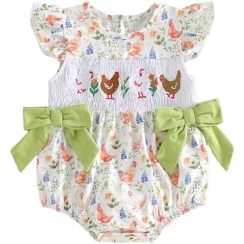 Baby Girl Farm Animal Outfit Chicken Embroidery Flying Sleeve Smocked Bubble Romper Bodysuit Toddler Summer Clothes