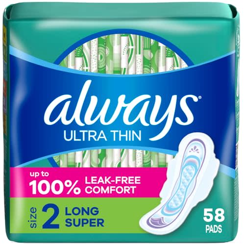Always Ultra Thin Pads with Wings, Size 2, Long Super, 58 Count