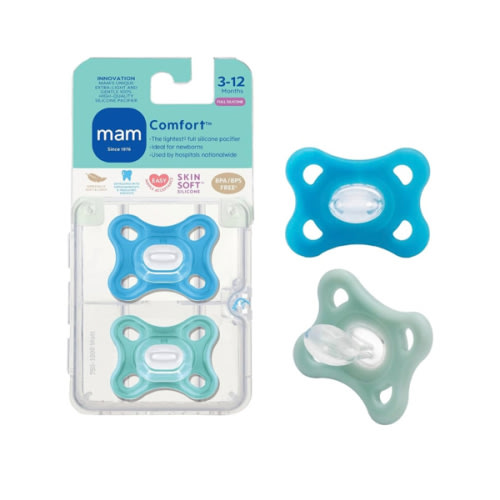 MAM Comfort Baby Pacifiers, Lightweight One-Piece Full Silicone Binky for Newborns 3-12 Months, BPA-Free, Easy to Clean Pacifier, Best for Breastfed Babies, with Sterilizer Case, 2 Count Binkies