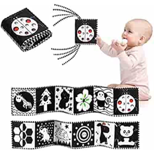 Black and White High Contrast Soft Cloth Book for Baby Infant Tummy Time Baby Book Folding Educational Activity Cloth Book Crib Toys for 0-3 Years Old Newborn Toys