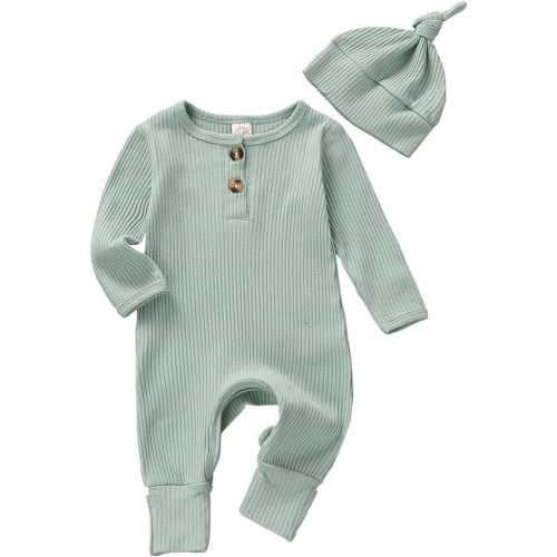 Infant Boys Girls Clothes Set Newborn Baby Romper Hat Ribbed Knit Long Sleeve Button Solid Bodysuit Jumpsuit
