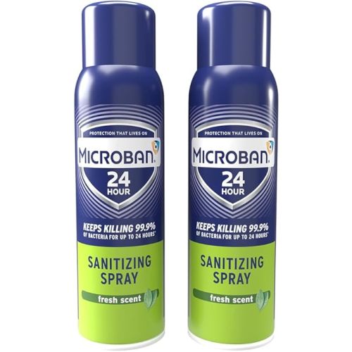 MICROBAN Sanitizing Spray, 15 oz., 2 Pack, Fresh Scent, Disinfects, Sanitizes, Eliminates Odors, and Keeps Killing 99.9% of Bacteria on Hard, Non-Porous Surfaces in Home for up to 24 Hours