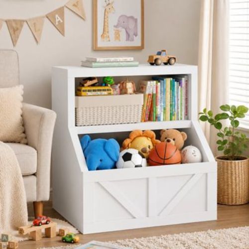 Kids Bookshelf, Toy Organizer Bin, 2-Tier Open Bookcase w/ Large Toy Bin, 31" Wide Small Book Shelf for Playroom Bedroom, Classroom, Farmhouse, White