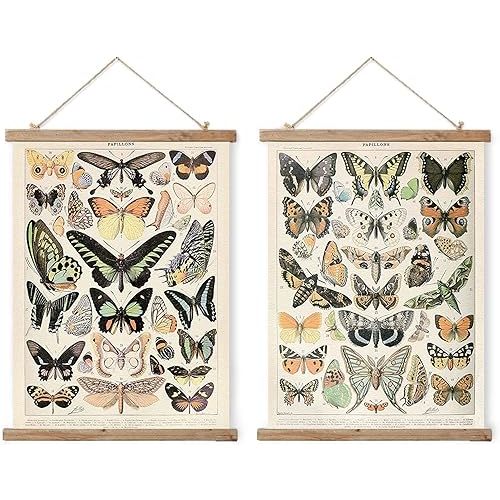 2 Pack Vintage Butterflies Poster Hanger Frame, Retro Style of Wall Art Prints, Printed on Linen with Wood Frames, Ready to Hang