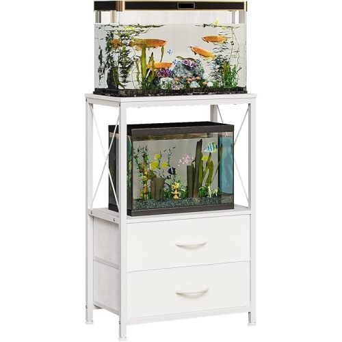 Fish Tank Stand 10 Gallon with 2-Tier Shelf, Aquarium Stand with 2 Drawers, Metal Frame Heavy Duty Reptile/Turtle Tank Stand for Home Office, Fish Tanks Accessories Storage, White