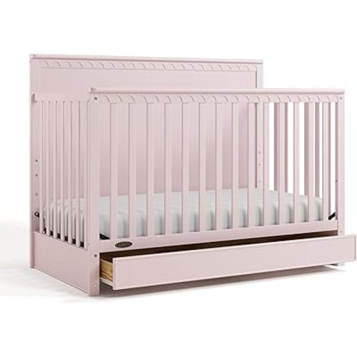 Graco Sasha 5-in-1 Convertible Crib with Drawer (Blush) – GREENGUARD Gold Certified Wood Crib, Converts to Toddler Bed, Daybed, Full-Size Bed, Stylish Classic Design