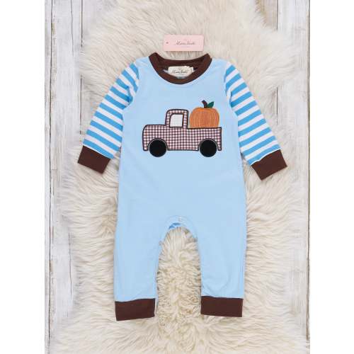 Pumpkin Pick Up Embroidered Striped Romper