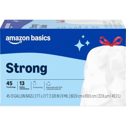 Amazon Basics Trash Bags, Tall Kitchen Drawstring, Unscented, 13 Gallon, 45 Count, Pack of 1, Packaging May Vary