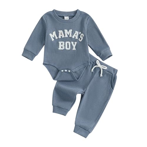 Gobuuly Newborn Baby Boy Clothes Mamas Boy Letters Embroidered Waffle Baby Sweatshirt Romper + Pants Sets Fall Winter Outfits