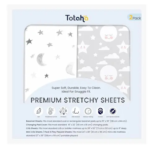 TotAha Premium Soft Bassinet Sheet for Boy Girl, Super Stretchy Jersey Knit Bassinet Fitted Sheet, Compatible with Halo, Maxi COSI, Mika Micky, SNOO, Baby Delight Mattress, 2 Pack, Moon & Grey Sky