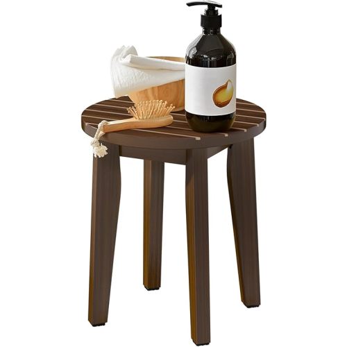 Round 16 Inch Bamboo Waterproof Shower Bathroom Stool Chair, Duty Wooden Bath Corner Shaving Legs Bench Seat (Walnut, XL)