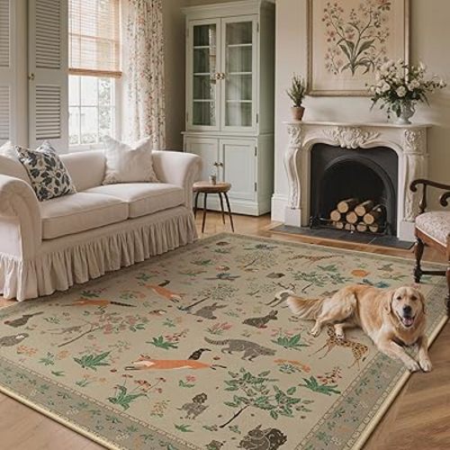 BESBLEE 6x9 Area Rug, Animal Print Machine Washable Floral Low Pile Carpet, Non-Slip Non-Shedding Pet Friendly Rug for Living Room Playroom Nursery Bedroom Entryway, Light Taupe
