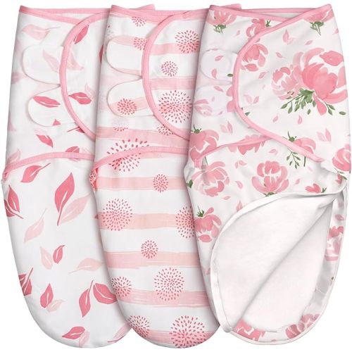 GLLQUEN BABY Baby Swaddle Sleep Sacks with Zipper - 3-Pack Newborn Swaddling Sack, Baby Swaddles Sleep Sack 0-3 Months,Pink Floral or Leaves, Swaddling Blankets 3 Pack Wrap Set, Easy Change Swaddle