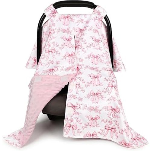 Baby Car Seat Cover, Soft Minky Warm Winter Car Seat Canopy for Infants & Toddlers, Opening with Adjustable Strap, Breathable Nursing Cover & Stroller Blanket, Bow Flowers (Fits Most Car Seats)