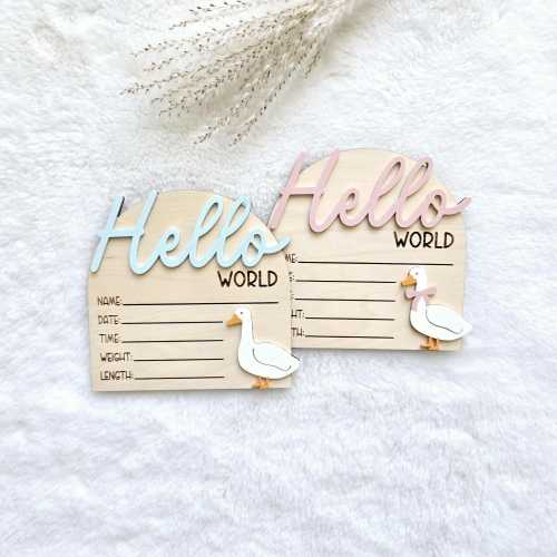 Wooden Goose Birth Announcement Sign, Hello World Name Plaque, Nursery Decor, Hospital Photo Prop