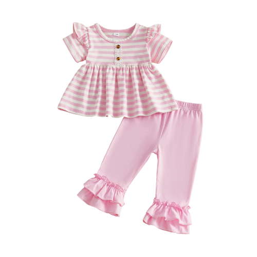 Loicainy Toddler Baby Girls Summer Outfits 6 12 18 24 Months 2T 3T 4T Ruffle Short Sleeve Crew Neck Striped Babydoll Tops and Elastic Waist Pants Clothes Set