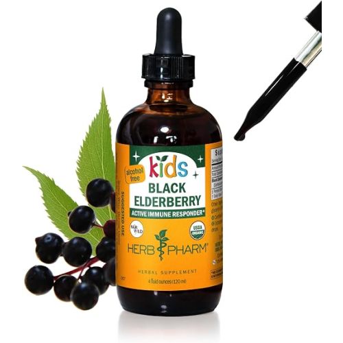 Herb Pharm Kids Certified-Organic Alcohol-Free Black Elderberry Glycerite Liquid Extract Drops, 4 Oz
