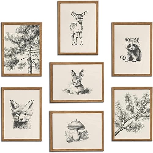 HDXUFJQ Wood Framed Neutral Nursery Wall Art Woodland Animal Canvas Wall Decor Forest Animal Themed Sketch Pictures Prints Vintage Rustic Baby Kids Boys Girls Room Home Paintings Decor(8"x10")