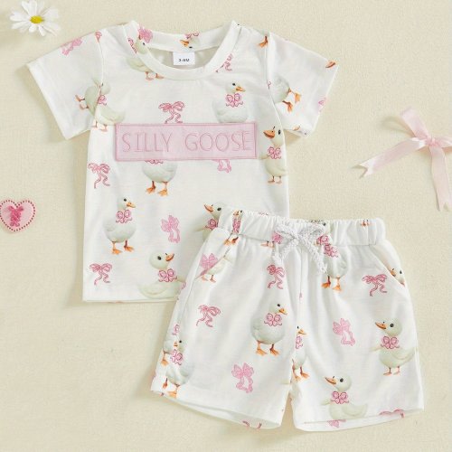 Girls Summer Outfit Goose Bow Print Letter Embroidery Short Sleeves T-Shirt and Elastic Shorts Set, Perfect for Outdoor