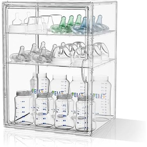 JOYZAN Clear Baby Bottle Organizer for Countertop 3 Tier Stackable Plastic Bottle Station Organizer with Adjustable Dividers Baby Bottle Storage Organizer for Cabinet,Home,Bathroom XL