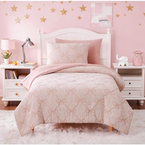 Twin Comforter Set with Sheets for Girls-5 Pieces Bow Twin Bedding Sets | Soft Jacquard Bed Set with Pink Comforter, Pillowcases & Shams, 66" X 86"