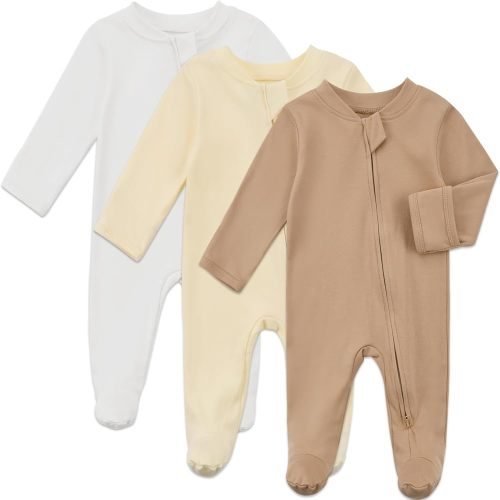 Aablexema Baby Organic Cotton Pajamas 2 Way Zipper Preemie Newborn One Piece Outfit Long Sleeve Footed Sleepwear(White/Light Yellow/Khaki,0-3m)
