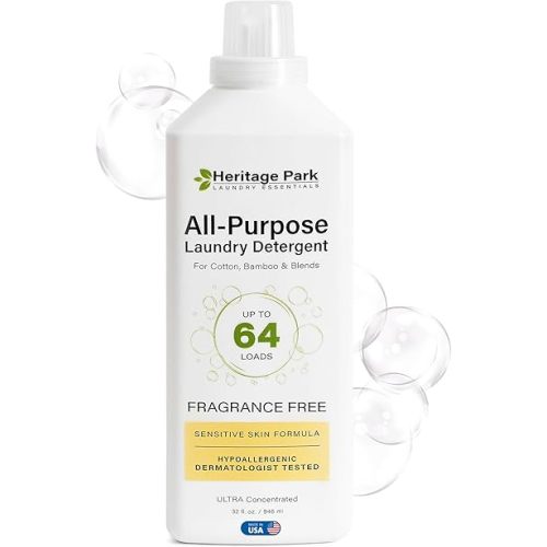 Heritage Park Luxury Laundry Detergent | Dermatologist Tested Plant based Natural & Enzyme Laundry Detergent | Sensitive Skin Friendly - Fragrance Free (32 fl oz)