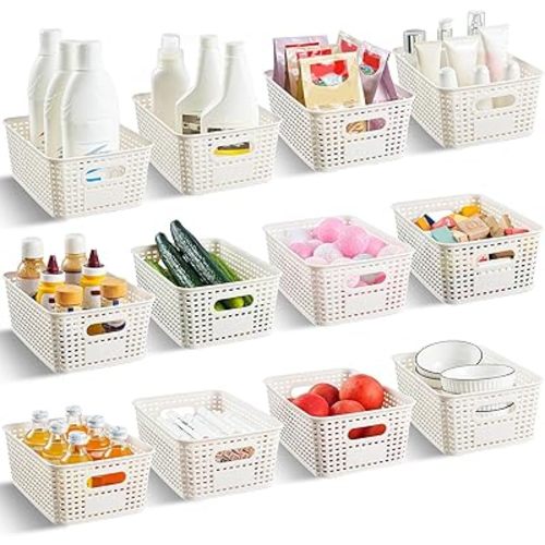 12 Pack Plastic Storage Baskets for Organizing, Storage Baskets for Shelves with Handles, Plastic Storage Bins with Labels, Organizer Baskets for Office, Pantry Organizers and Storage,Cabinet,Closet