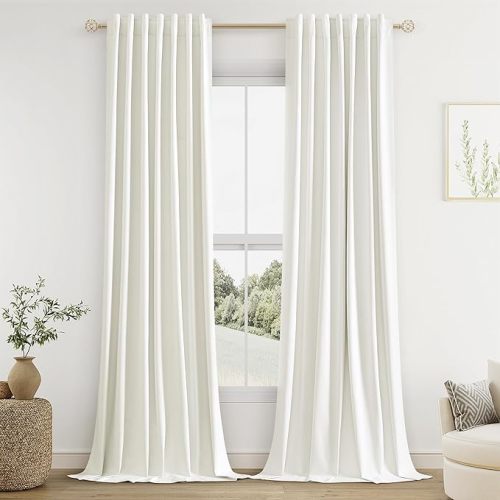 Ivory 100% Blackout Linen Curtains 96 Inch Length 2 Panels Set for Living Room Bedroom Back Tab/Rod Pocket Thermal Insulated Black Out Drapes Room Darkening Window Curtains 96 Inches Long