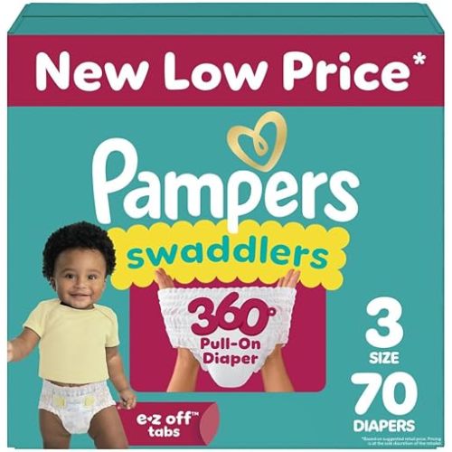 Pampers Diapers - Swaddlers 360° - Size 3, 70 Count, up to 100% Leakproof Comfy Dry Fit, Designed for Easy Changes, Pull On Baby Diaper (Packaging May Vary)
