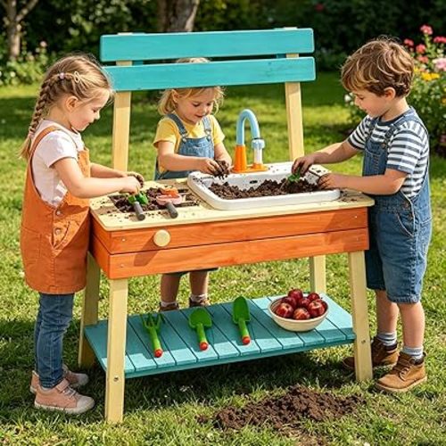 HONEY JOY Mud Kitchen and Barbecue Grill Combo, Real Faucet w/Running Water, Cedar Wood Pretend Play Kitchen for Toddler, Garden Tools & Cook Accessories, Outdoor Kids Kitchen Playset for Boys Girls