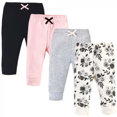Touched by Nature Baby and Toddler Girl Organic Cotton Pants 4pk, Black Floral, 6-9 Months