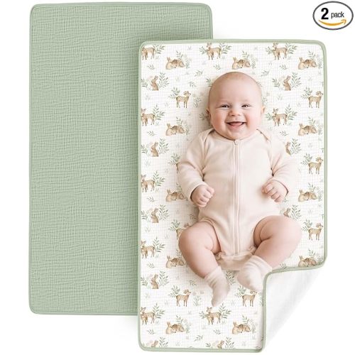 Konssy 2 Pack Waterproof Muslin Cotton Portable Changing Pad 30"x 17", Soft & Foldable Baby Changing Mat Travel Pad with Terry Backing, Shower Gift for Newborn Girls Boys (Woodland,Sage)