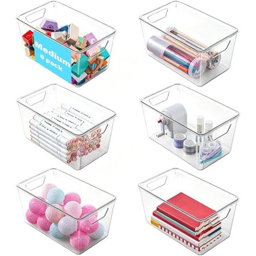 6 Pack Medium Clear Storage Bins with Lids, Acrylic Arts and Craft Storage Containers, Stackable Clear Plastic Craft Storage Bins with Handles for Classroom Storage Organization,Kitchen, Fridge,Office