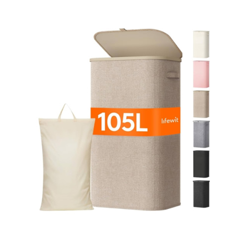 Lifewit 105L Large Laundry Basket with Lid, Laundry Hamper with Plastic Handles and Removable Bag, Foldable Tall Dirty Clothes Hampers for Laundry for Laundry Room, Bedroom, Bathroom, Dorm, Beige