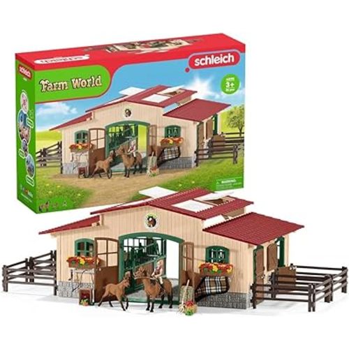 Schleich Farm World - 96PC Horse Barn and Stable Playset - Riding Center with 2 Pony Toys, Rider Figurine, and Farm Accessories - Farm Animal Toys for Girls and Boys - Kids 3+