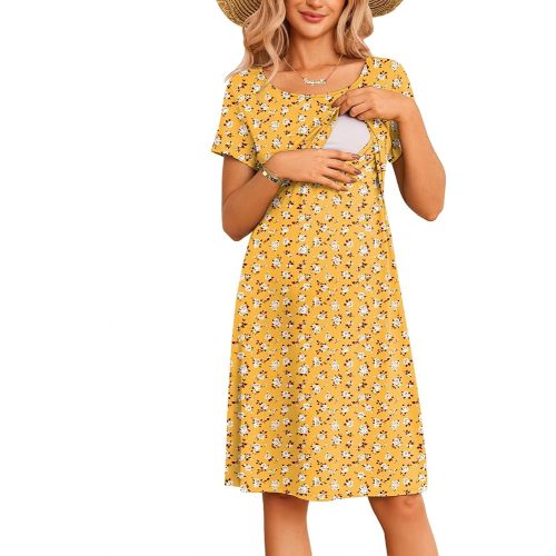 Ekouaer Women's Nursing Dress Summer Short Sleeve Patchwork Maternity Breastfeeding Knee Length Dress
