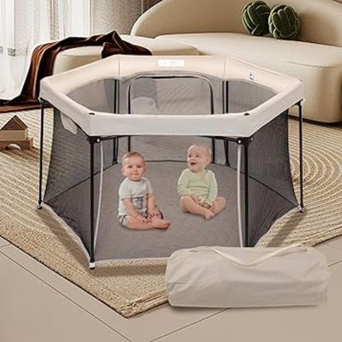 Baby Playpen 53x53 Inch, Indoor/Outdoor Portable Play Yard No Extra pad Required with Breathable Mesh Walls, Enclosed Safe Space for Babies, Quick Foldable Playpen for Home Travel Park (Khaki)