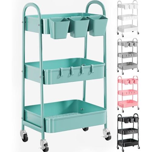 3 Tier Turquoise Metal Mesh Rolling Cart, Storage Cart with Handle and Lockable Wheels, Multifunctional Three Tiered Utility Organizer Cart on Wheels for Kitchen, Office, Bathroom, Crafts, Arts, Snack