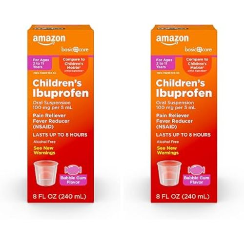 Amazon Basic Care Children's Ibuprofen Oral Suspension 100 mg per 5 mL, Pain Reliever and Fever Reducer (NSAID), Bubblegum, for Minor Aches and Pains, Headache Relief and More, 8 fl oz (Pack of 2)