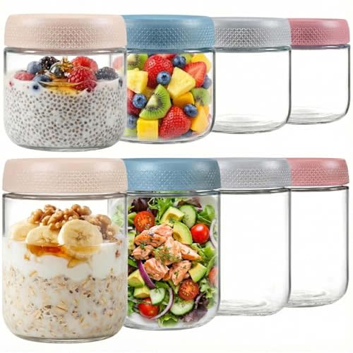 ColoVie Glass Meal Prep Jar Set, 8 Pack Overnight Oats Containers with Lids | Food Storage for Snacks, Yogurt, Spice, Salad, Chia Seed Pudding Jars, Wide Mouth Mason Jars with Airtight Lids, 16oz 10oz