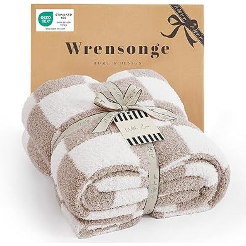 WRENSONGE Fall Checkered Throw Blanket, Taupe Soft Cozy Fluffy Warm Throw Blankets for Couch, Sofa, Chair, Bed, Camping, Picnic, Office,Travel Lightweight Bed Blanket - 50"*70"