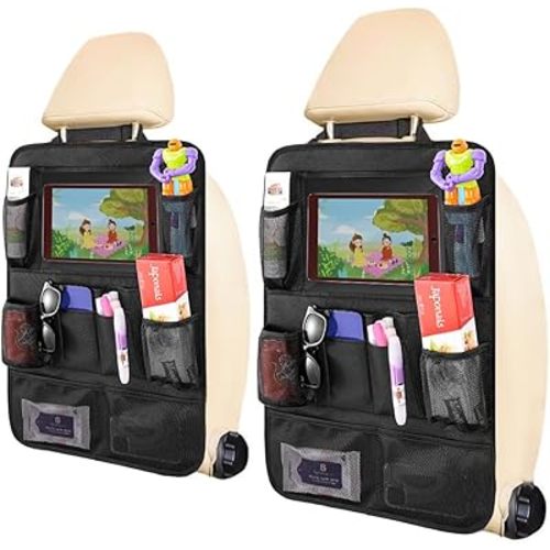 Backseat Car Organizer, 2 Pack Kick Mats Back Seat Protector with Touch Screen Tablet Holder, 9 Storage Pockets for Travel Accessories & Toys, Waterproof & Easy-Clean Black Protector
