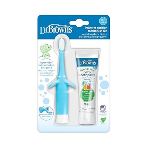 Dr. Brown's Infant-to-Toddler Training Toothbrush Set, Blue Elephant with Fluoride-Free Apple Pear Baby Toothpaste, 0-3 years - Elephant, Blue With Apple Pear