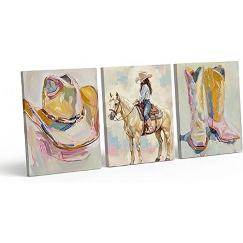 3 Piece Pink Western Wall Art Canvas Prints - Coastal Cowgirl Aesthetic Room Decor, Preppy Pink Cowboy Boots and Hat Gallery Wall, Modern Rustic Country Pictures for Teen Girls Bedroom College Dorm