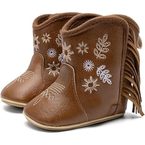 Meckior Baby Girls Cowboy Tassel Boots Side Zipper Moccasins Soft Bottom Non-Slip Toddler Shoe