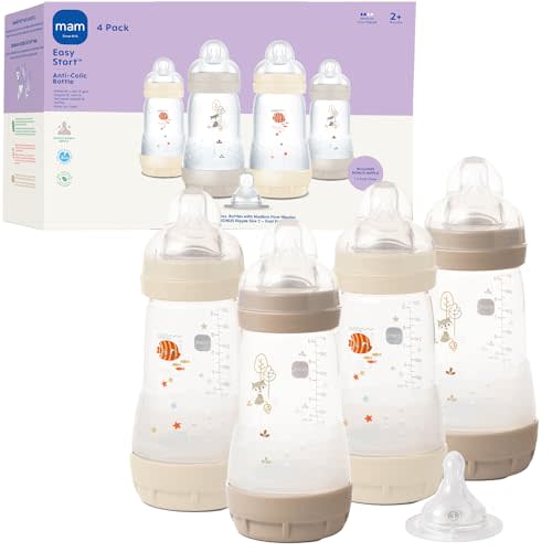 MAM 9oz Easy Start Anti-Colic Wide Neck Baby Bottle, Medium Flow Breastfeeding-Like Nipple, Reduces Colic Gas & Reflux, Easy to Clean, BPA Free, 2+ Months, Bonus Fast Flow Nipple, 4 Pack